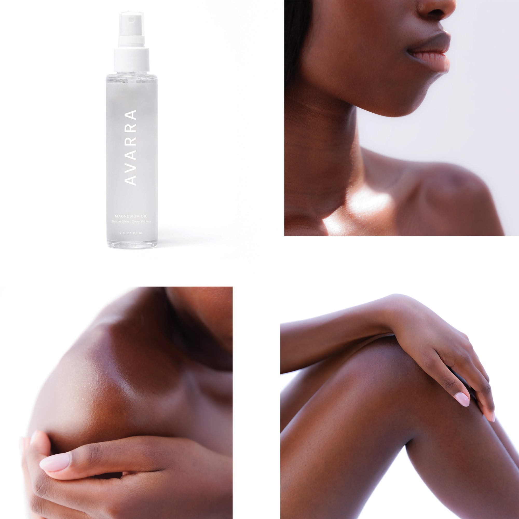 Avarra Magnesium Oil product with a woman's skin showing healthy skin glow