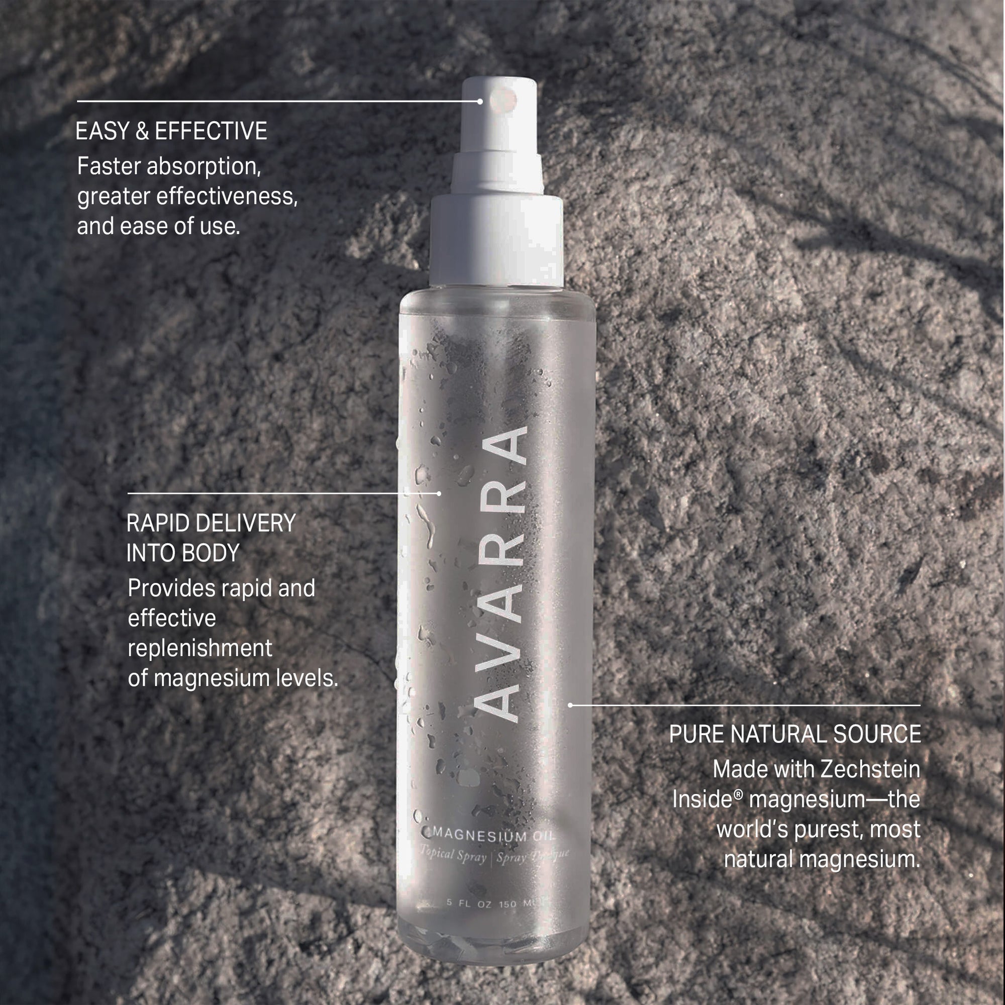 Avarra Magnesium Oil bottle on grey rock with benefit call outs. Fast & Effective, Rapid Delivery into Body, Pure Natural Source
