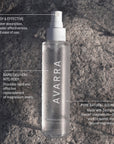 Avarra Magnesium Oil bottle on grey rock with benefit call outs. Fast & Effective, Rapid Delivery into Body, Pure Natural Source